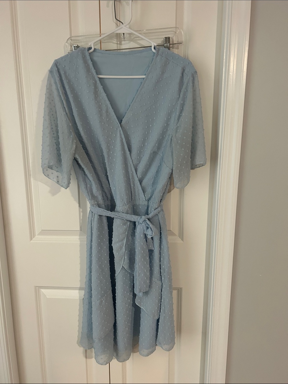Amazon Light Blue Swiss Dot Wrap Mini Dress